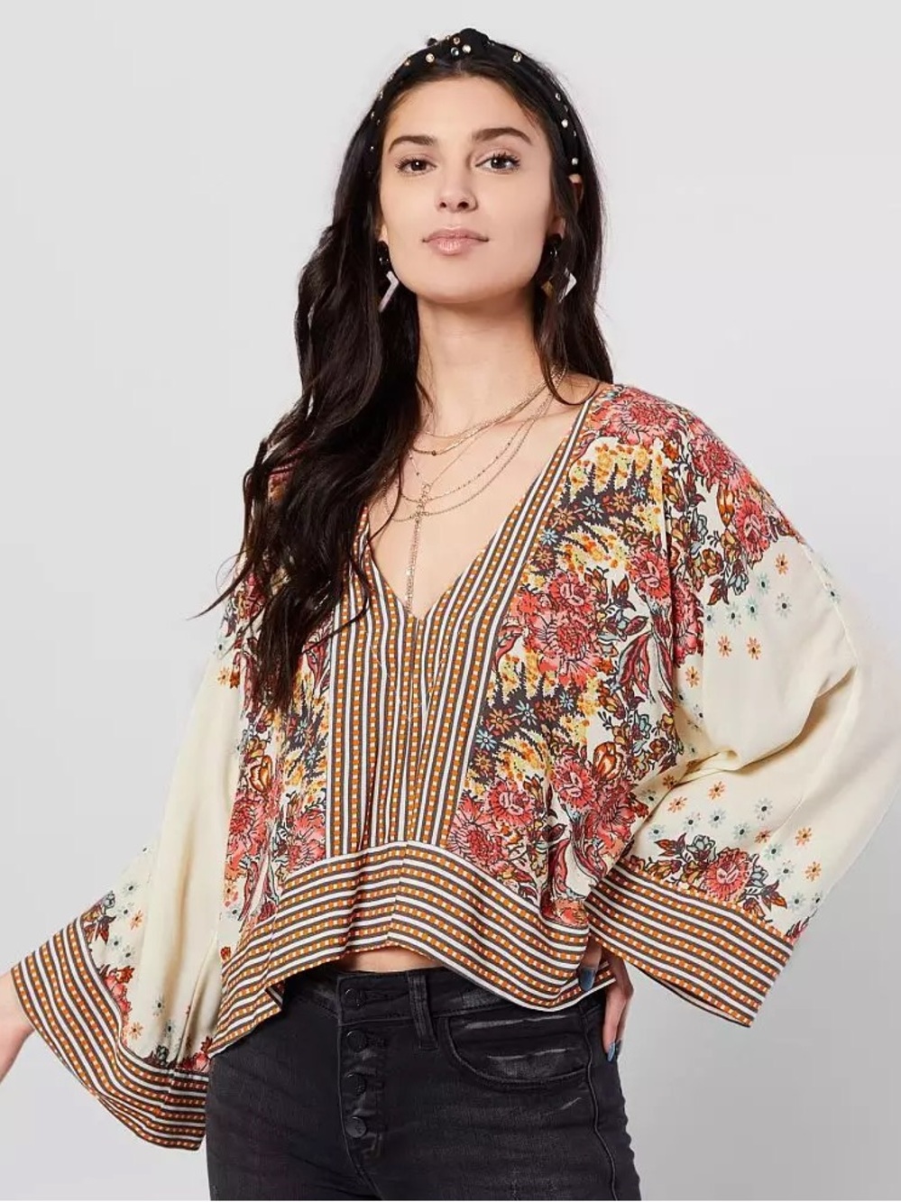 Free People Floral V-Neck Boho Blouse